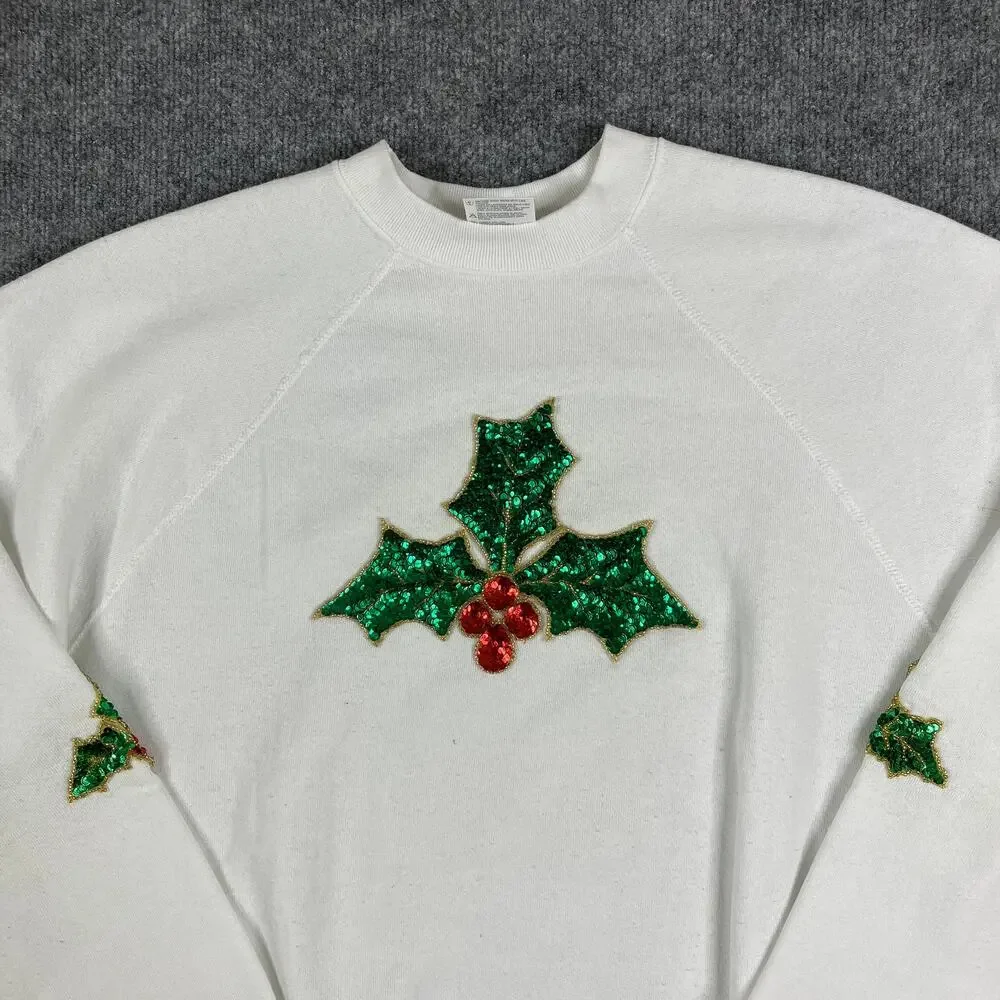Tultex Vintage‎ Christmas Sweatshirt Mens Large White Holly Embellished Crewneck